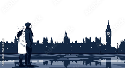 A romantic couple, bundled in winter attire, stands by the Thames, admiring the iconic London skyline with Big Ben in a serene, reflective moment.