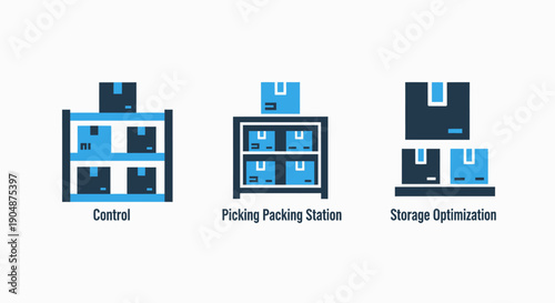 Warehouse and logistics icons: a storage rack with boxes for control, a picking and packing station, and shelves illustrating storage optimization in a warehouse environment.