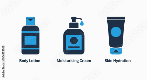Skincare product icons: body lotion bottle, moisturizing cream pump dispenser, and tube for skin hydration, in a clean, modern flat design.