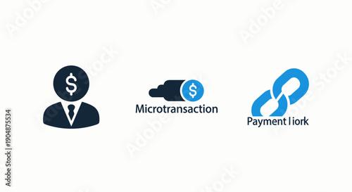 Financial icons showing a businessman with dollar sign, microtransaction concept, and payment link symbol, for digital finance and online business.