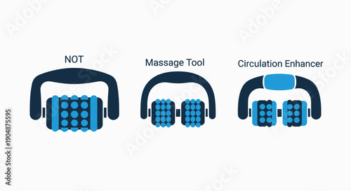 Icons illustrating massage tools and circulation enhancers, with variations of rollers and handles in blue tones.