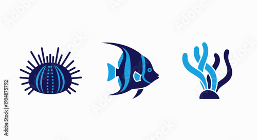 Vibrant Marine Life and Underwater Ecosystem Icons - Sea Urchin, Tropical Angelfish, and Coral Reef Elements Vector Set