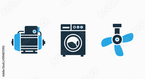 Essential Home and Industrial Appliance Icons: Electric Motor, Washing Machine, and Ceiling Fan in Modern Style
