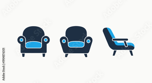 Stylish Blue and Dark Grey Flat Design Icons of Modern Armchairs and Chairs for Home, Interior Decor, and Living Room Comfort