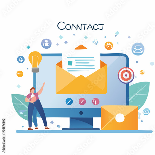 Digital communication and engagement concept with a person interacting with a computer screen displaying an email and various representing online services and ideas