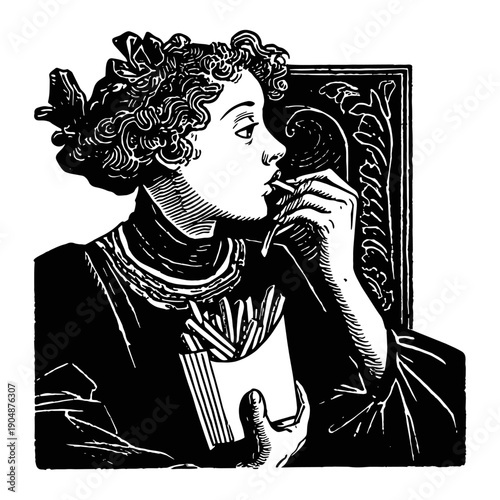 Victorian era woman eats potato fries from a paper box, portrait of vintage lady enjoying fast food, vintage black and white engraving sketch style vector illustration	