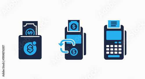 Financial Transaction Icons with POS Terminal, Cash Wallet, and Money Transfer Symbols, Representing E-commerce and Modern Payment Methods.