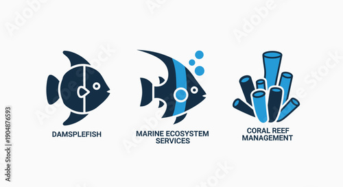 Vibrant Marine Life and Coral Reef Ecosystem Icons - Tropical Fish and Underwater Habitat Conservation