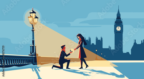 A romantic proposal unfolds under a warm street lamp on a London bridge, with the iconic Big Ben silhouetted in the background, symbolizing love.