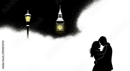 A romantic silhouette of a loving couple embracing under a glowing lamppost and a distant clock tower in a serene, snowy winter night.