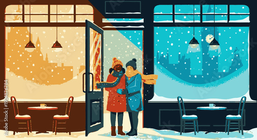 A loving couple embraces warmly inside a cozy cafe, escaping the heavy snowfall and cold winter evening in a beautifully illustrated urban scene.