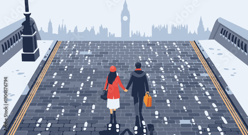 A loving couple walks hand-in-hand across a snow-dusted London bridge, leaving footprints behind as they embark on a romantic winter journey through the iconic cityscape.