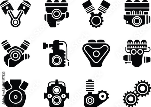 A comprehensive set of flat cartoon style illustration icons featuring essential automotive engine components and various mechanical parts, ideal for vehicle and industrial design applications