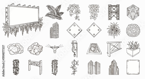 Collection of Hand-Drawn Architectural Elements and Decorative Motifs: Buildings, Plants, Frames, and More