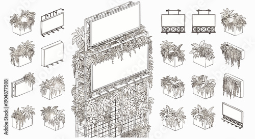 Isometric overgrown billboards and blank signs vector set. Nature reclaiming urban advertising structures, eco-friendly design elements, line art kit.