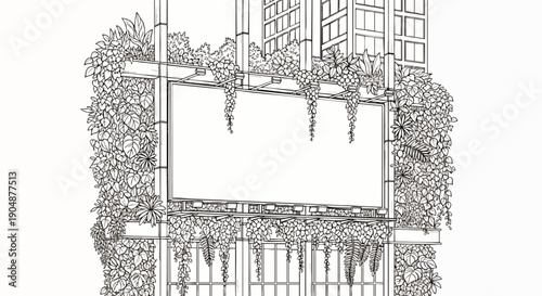 Overgrown urban billboard line art illustration, nature reclaiming city advertising space, concept of environmental impact and urban decay, blank sign for text.