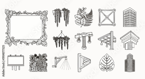 Clean line art outline icon set: diverse elements including plants, leaves, buildings, streetlights, and decorative frames for various design projects.