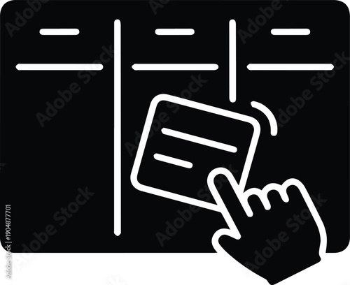 Hand pointing to a sticky note on a board with columns on white background Keywords: hand, finger