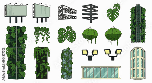 Vector set of modern architectural elements: green walls, vertical gardens, billboards, sustainable building facades, urban landscaping, and eco-friendly design components.