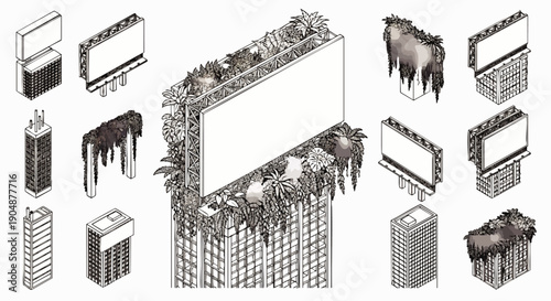 Isometric illustrations of billboards and buildings overgrown with plants, symbolizing nature reclaiming urban spaces.