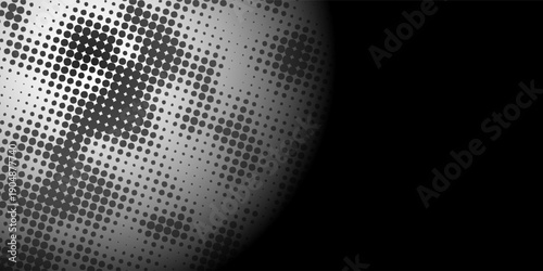 Abstract halftone star dotted round patter. White geometric shape with gradient effect on black background. Minimalistic, futuristic, graphic vector illustration.