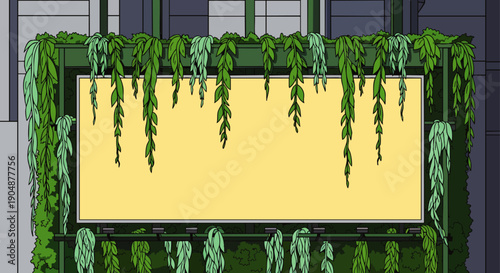 Blank billboard covered in lush green vines and leaves, an empty advertising space surrounded by nature, urban jungle concept