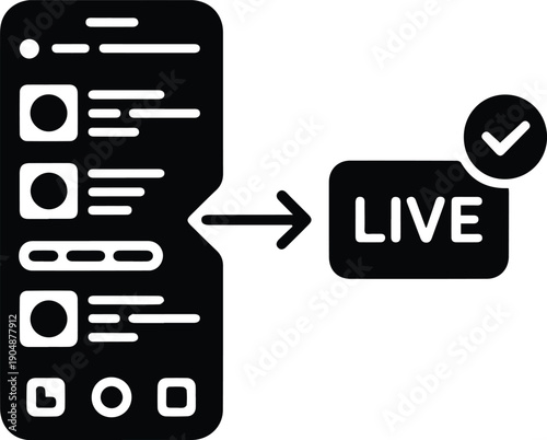 Smartphone screen with social media posts transitioning to live broadcast icon mobile phone