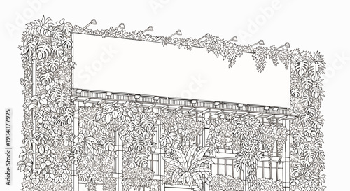 Blank billboard covered in lush green plants and vines, symbolizing eco-friendly advertising and nature's takeover.