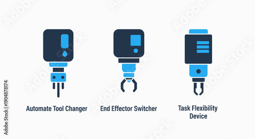 Icons for industrial automation: automate tool changer, end effector switcher, and task flexibility device.
