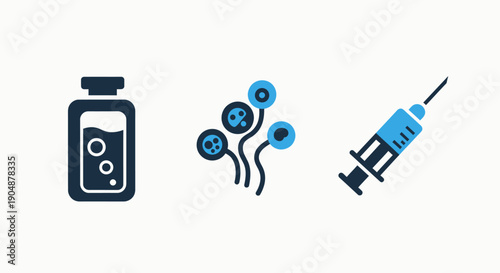 Medical icons: vial of liquid, petri dishes with cells, and syringe, representing vaccination, laboratory research, and pharmaceutical development
