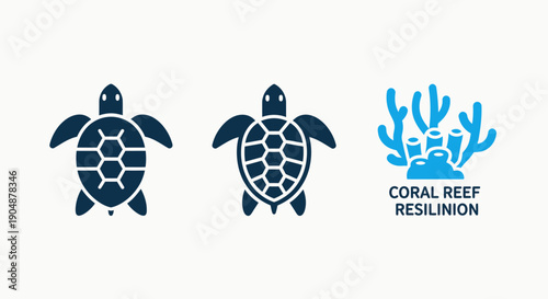 Sea turtle and coral reef icons, symbolizing marine life protection, ocean conservation, and coral reef resilience against environmental changes