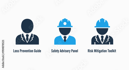 Icons symbolizing safety and risk management: loss prevention guide, safety advisory panel, and risk mitigation toolkit for business.
