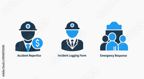 Icons representing safety and work concepts: accident notice, incident logging, and emergency response team.