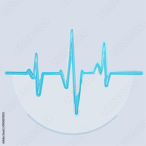 A bright cyan electrocardiogram line with a textured appearance and a soft shadow on a light blue background within a circular frame representing health monitoring