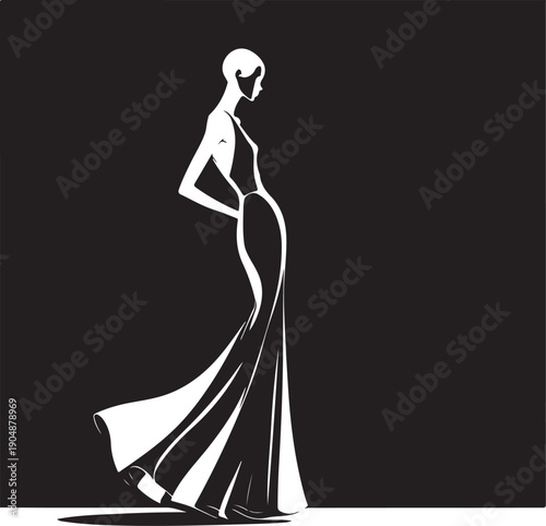 Elegant silhouette of a woman in a flowing gown against a dark background Vector