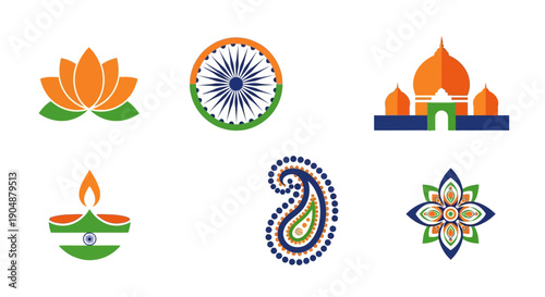 Indian icons and symbols vector illustrations of cultural elements