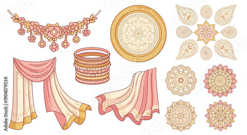 Decorative indian design elements set floral garlands bangles and ornaments