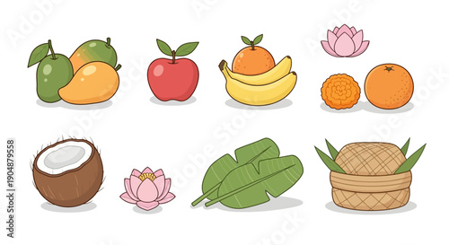 Illustrated assortment of fruits and flowers for design and decorative purposes