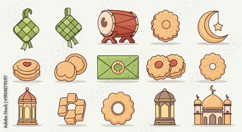 Islamic holiday celebration illustration set with traditional symbols and icons
