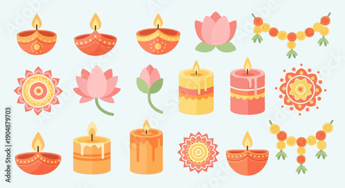 Colorful illustration of festive candles lotus flowers and decorative garlands