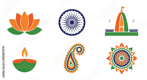 Indian cultural symbols lotus wheel temple lamp and ornamental designs