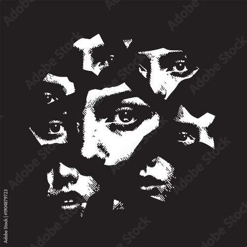 Abstract surreal portrait of fragmented faces in monochrome Vector