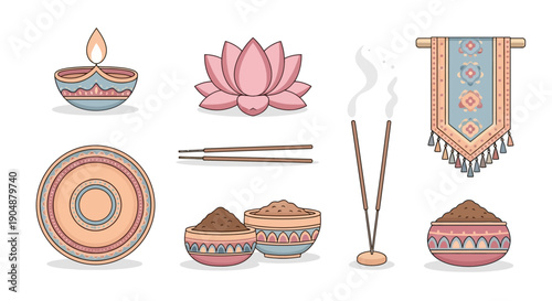 Religious indian symbols illustration lotus incense diya and decorative elements