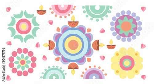 Colorful floral design elements with oil lamps and petals on white background