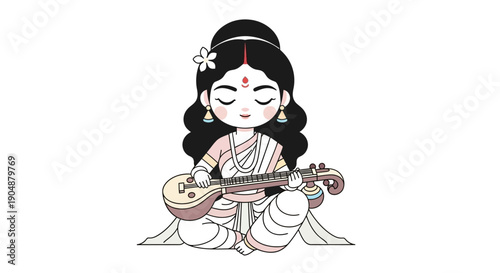 Cartoon illustration of a woman playing a musical instrument against white