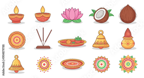 Colorful vector illustrations of traditional objects and cultural elements