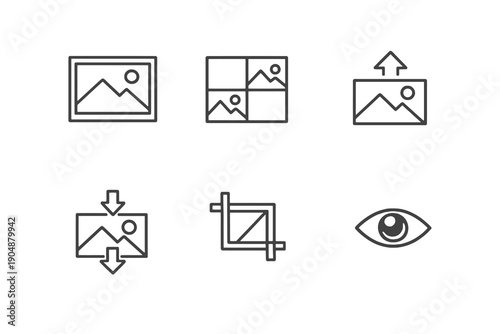 Picture and gallery line icon set with six editable stroke vector symbols. Clean outline style for image management, photo apps, dashboards and web interfaces.