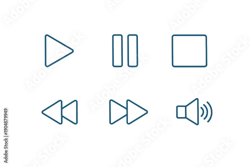 Set of six media control icons in line style. Editable stroke vector collection designed for UI, playback controls, streaming platforms and digital media players.