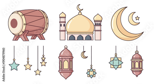 Islamic symbols set drum mosque crescent lanterns and star elements