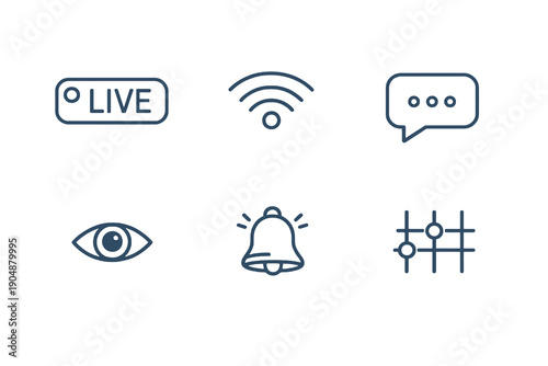 Set of six live streaming and broadcast UI icons in line style. Editable stroke vector collection designed for UI, real-time video, audience interaction and digital media platforms.